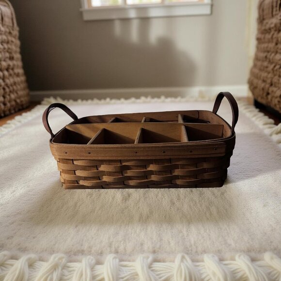 Longaberger Divided Organizer Basket w/ WoodCrafts 6-Section Insert, Leather Han - Picture 3 of 10
